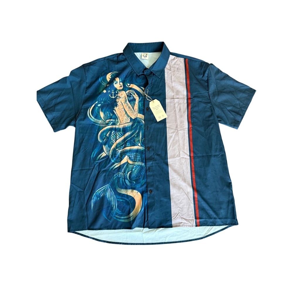 Hardaddy Dragon Print Button Up Shirt Mens Large Blue Short Sleeve Retro Y2K NWT